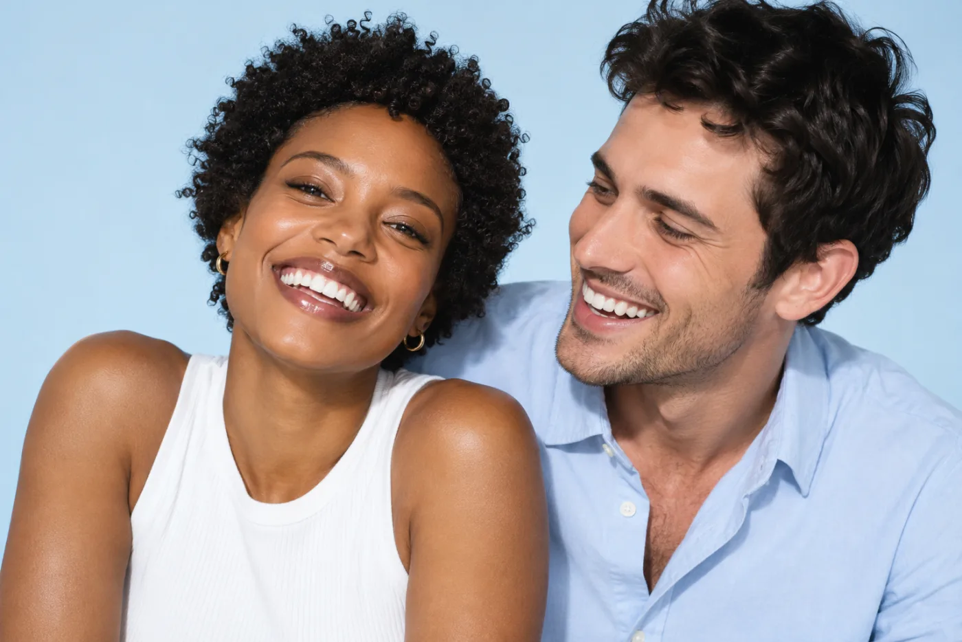 Illustrative portrait of two friends laughing with natural smiles
